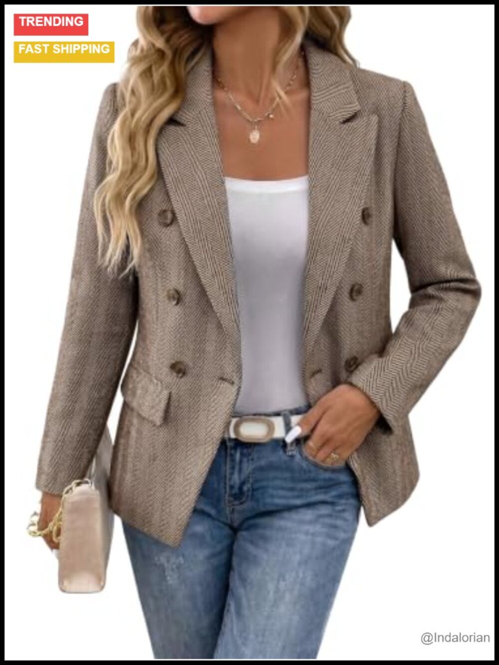 Women's Herringbone Tweed Blazer Double Breasted Business Casual